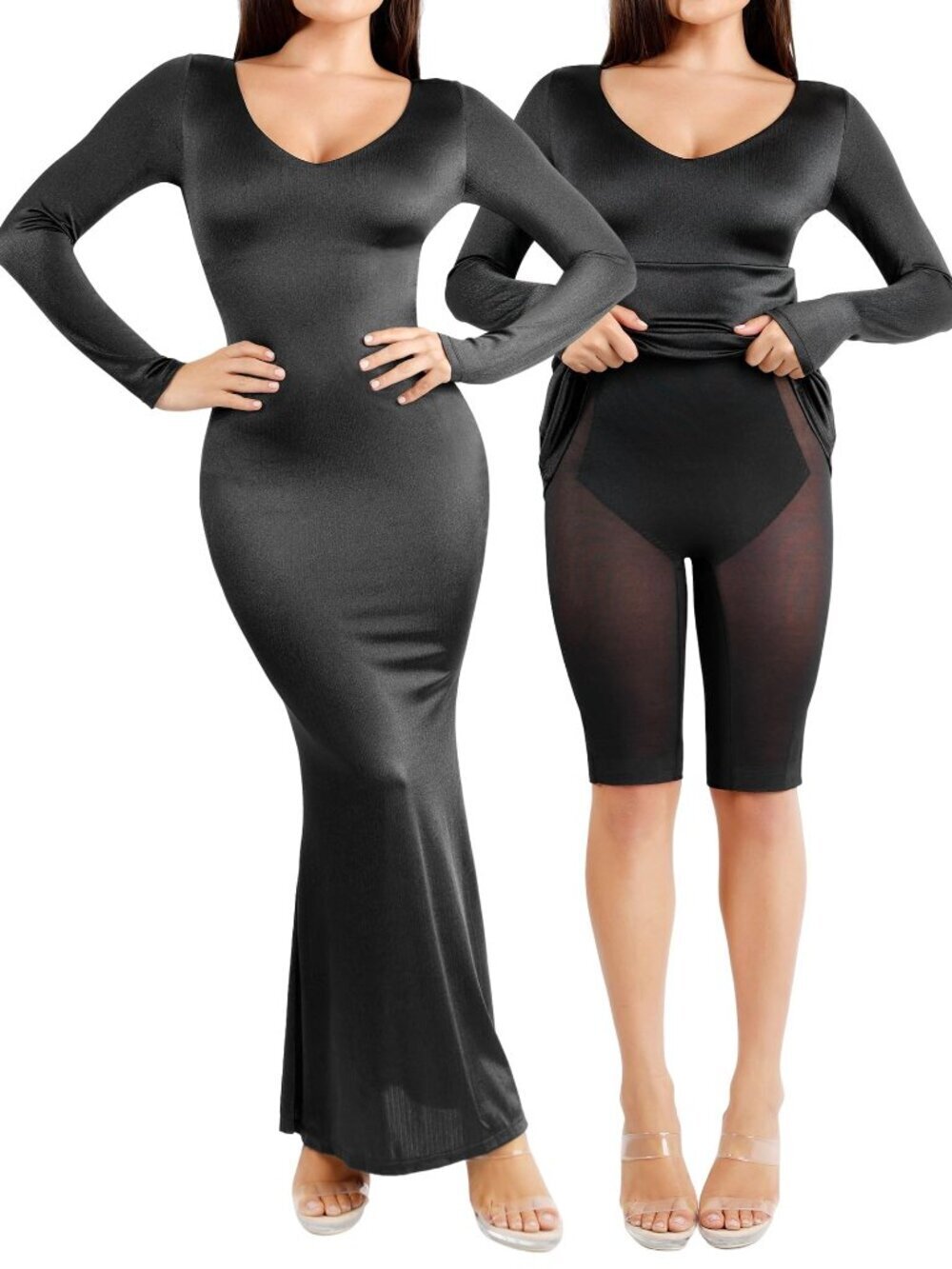 NWT New Popilush Shapewear Long Sleeve V-Neck Maxi Black Dress Size S